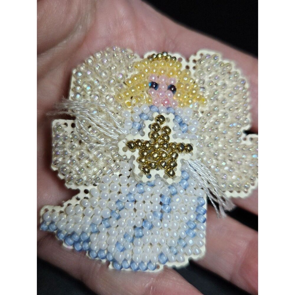 Vintage handmade embroidered seed bead angel brooch